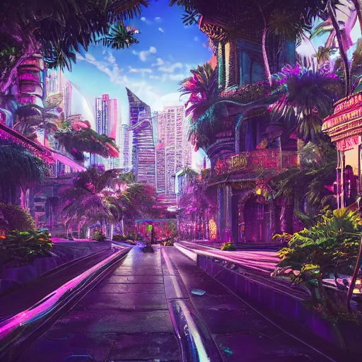 Image similar to vaporwave jungle city, digital art, cosmic, 3 d high definition, trending on art station, photorealistic, high resolution, v 8 k, octane, hyper detailed, insane details, intricate, elite, ornate, elegant trend, highly detailed and intricate, sharp focus, photography, unreal engine