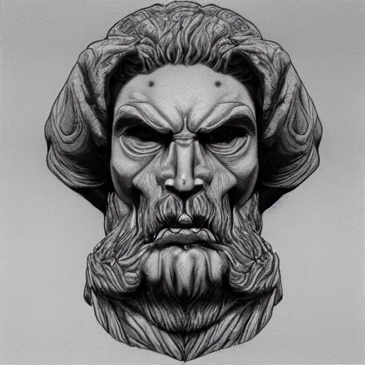 Image similar to hyperrealistic drawing of a marble stone sculpture of the bust of a storm giant, empty eye sockets, crown of metal, by larry elmore