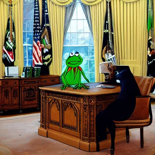 Prompt: Kermit the frog as President sitting in the Oval Office signing papers wearing a suit and tie