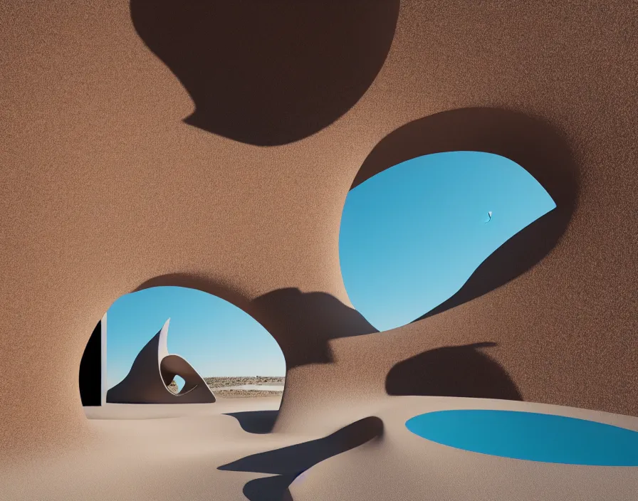 Prompt: closeup, desert, metal surfaces, foil, white minimalist architecture, stone grotto in the center, portal, flying spheres, torus, rocks. zaha hadid, oscar niemeyer, architectural rendering. trending on artstation. vogue magazine. halo, hyperrealism, octane rendering, 8 k, depth of field, bokeh. iridescent accents. teal gold and blue color scheme