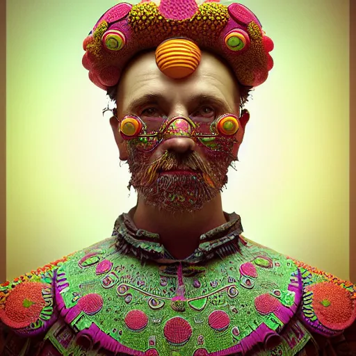 Image similar to Colour mandelbulb 3d fractal style full body portrait Photography of Highly detailed Man wearing detailed Ukrainian folk costume designed by Taras Shevchenko with 1000 years perfect face wearing highly detailed retrofuturistic VR headset designed by Josan Gonzalez. Many details In style of Josan Gonzalez and Mike Winkelmann and andgreg rutkowski and alphonse muchaand and Caspar David Friedrich and Stephen Hickman and James Gurney and Hiromasa Ogura. Rendered in Blender and Octane Render volumetric natural light