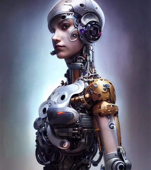 Image similar to ultra realistic full shot of a beautiful cyborg girl with mechanical arms, cyberpunk, sci - fi, fantasy, kodak, colour led, soft light, volumetric lighting, night, intricate, elegant, highly detailed, digital painting, artstation, concept art, smooth, sharp focus, illustration, art by artgerm and greg rutkowski and alphonse mucha