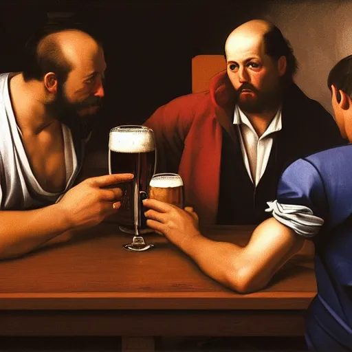 Prompt: five men drinking beer and talking intelligently in pub, caravaggio, detailed photograph, josh kirby, 4k, unreal engine