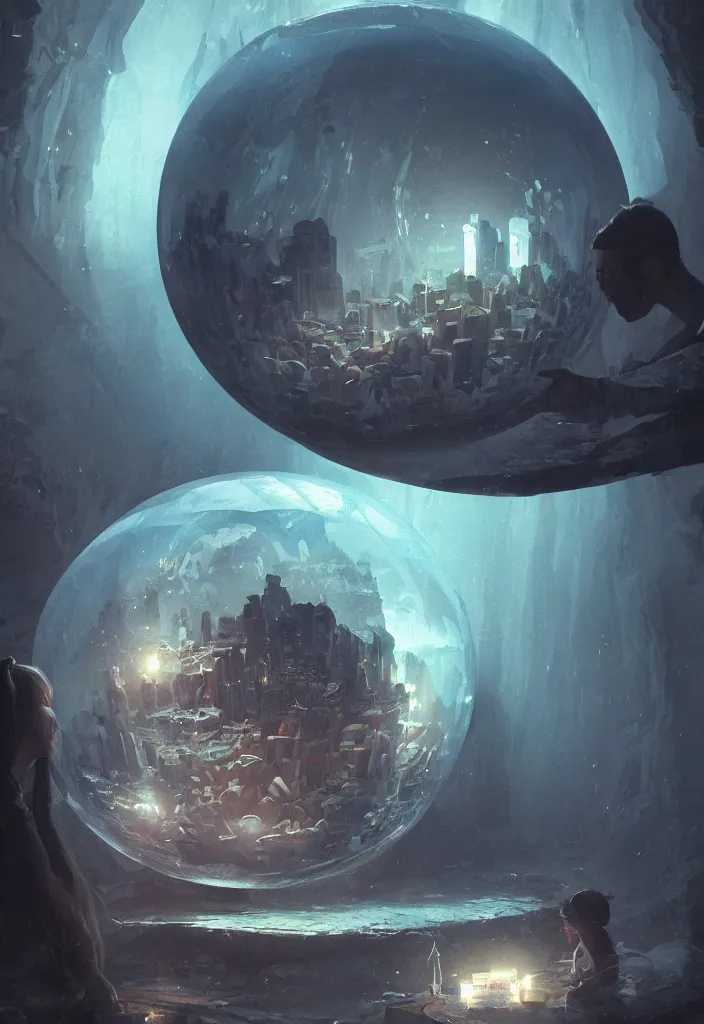 Prompt: a tiny world inside a crystal ball by greg rutkowski, sung choi, mitchell mohrhauser, maciej kuciara, johnson ting, maxim verehin, peter konig, 8 k photorealistic, cinematic lighting, hd, high details, dramatic, dark atmosphere, trending on artstation