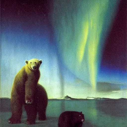 Image similar to the epic abstract painting'blue arctic void with black and red aurora borealis above a tiny polar bear family ', by caspar david friedrich!!!, by rothko!!!, stunning masterpiece, trending on artstation