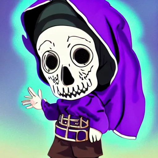 Prompt: cute little boy wearing an skull mask and dressed in an nun outfit, purple color palette, artwork made in western cartoon art syle, inspired in made in abyss and hirohiko araki, ray tracing, featured in pixiv