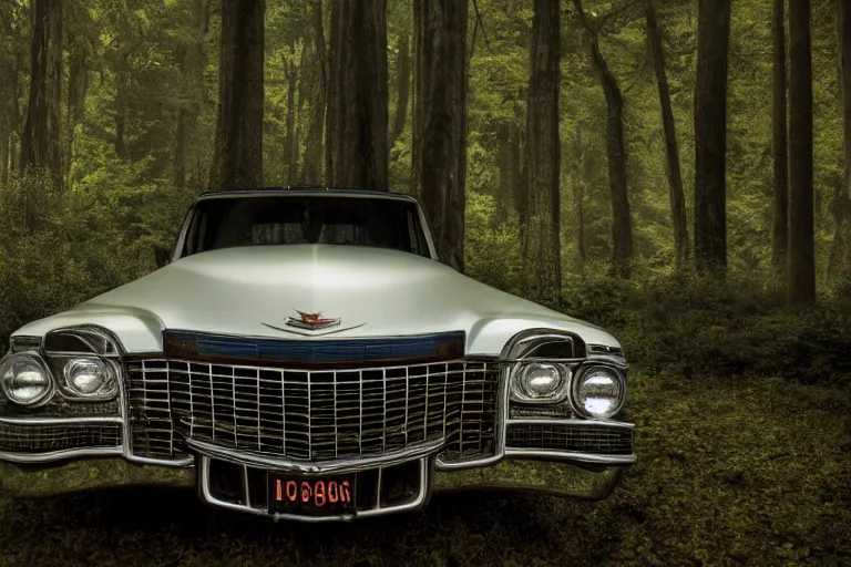 Image similar to a beautiful widescreen photo of a old cadillac upsidedown in a dark forest, mushrooms, in a dark forest low light, by dimitri mellos