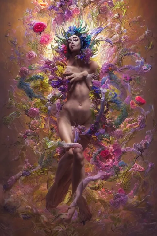 Image similar to beautiful model god of psychedelics dancing in a vortex made of flowers, diamonds, angel, fantasy, dramatic lighting, highly detailed, digital painting, holding electricity, magic the gathering, hyper detailed, 3 d render, hyper realistic detailed portrait, peter mohrbacher, wlop, ruan jia