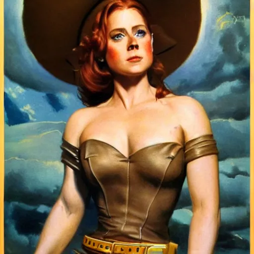 Image similar to ultra realistic portrait painting of amy adams as an android cowgirl, art by frank frazetta, vintage levi ’ s ad, stormy weather, dark vibes, 4 k, ultra realistic, highly detailed, epic lighting