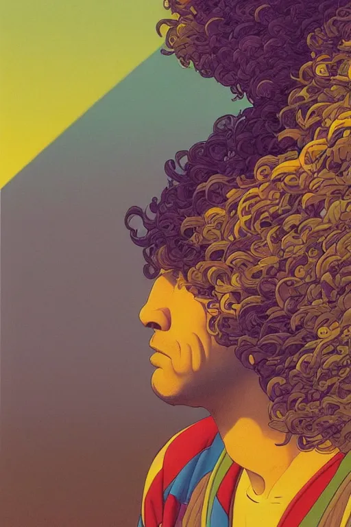 Prompt: a 1 colorful vibrant closeup portrait of a simple caucasian man with curly mid length brown hair with a calm aesthetic face and dreaming psychedelic hair, by kawase hasui, moebius, edward hopper and james gilleard, zdzislaw beksinski, steven outram colorful flat surreal design, hd, 8 k, artstation