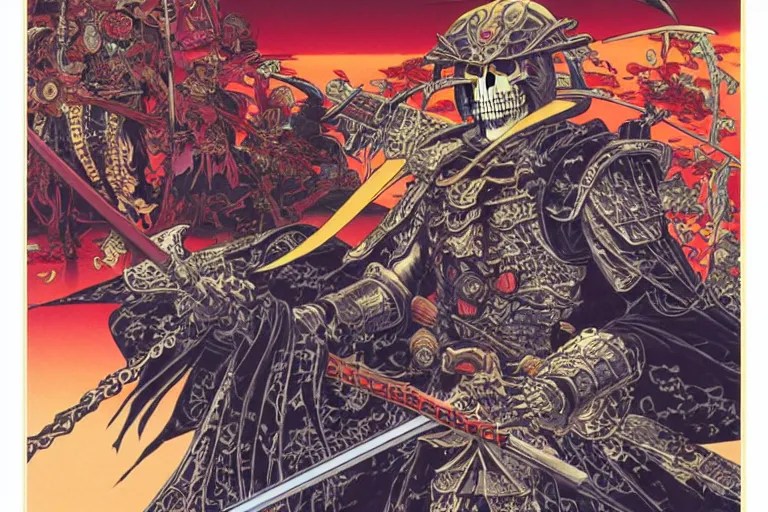 Prompt: poster of a skeletor samurai with japanese armor and helmet, by yoichi hatakenaka, masamune shirow, josan gonzales and dan mumford, ayami kojima, takato yamamoto, barclay shaw, karol bak, yukito kishiro