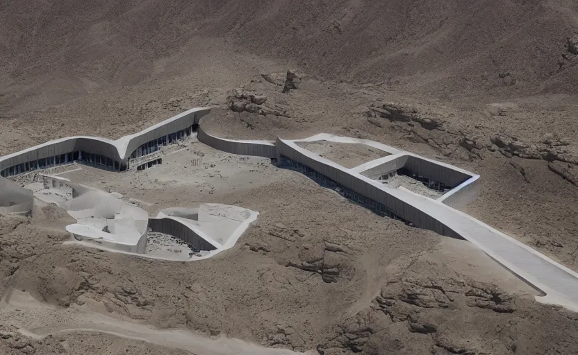 Image similar to tectonic structure, medical complex, in the desert beside the gulf, view from above, design by peter zumthor, dezeen, architectural photography