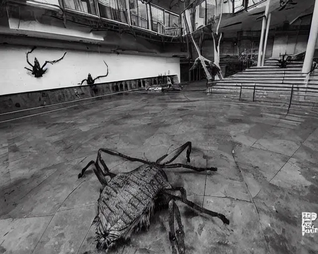 Prompt: camera footage of a Gigantic spider in an abandoned shopping mall, high exposure, dark, monochrome, camera, grainy, CCTV, security camera footage, timestamp, zoomed in, fish-eye lens, spiders, spider, spider, spider,
