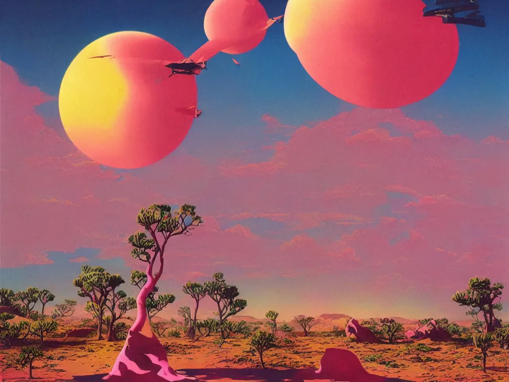 Image similar to a pink tree in a desert surrounded by an ocean on a strange planet, by bruce pennington, by sam freio, by thomas rome, by victor mosquera, juxtapoz, behance, dayglo, prismatic, iridescent