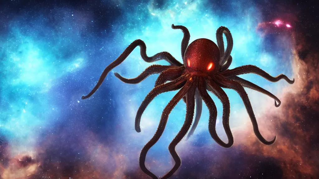 Prompt: spider octopus hybrid on a planet. close bottom view. whole body. nebula background. cinematic composition. cinematic lightning. ultra realistic. 8 k. highly detailled. deep space. ultra realistic details. cinematic atmosphere. studio lighting. shadows. dark background.