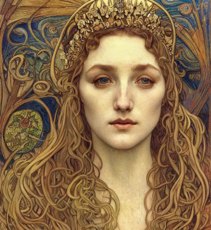 Image similar to detailed realistic beautiful young medieval queen face portrait by jean delville, alphonse mucha, vincent van gogh, and marco mazzoni, art nouveau, symbolist, visionary, gothic, pre - raphaelite