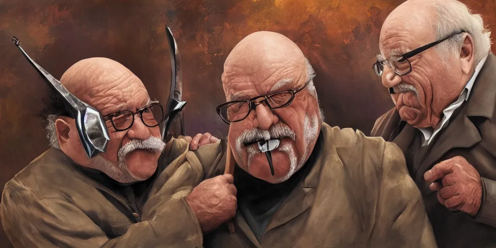 Image similar to wilford brimley fighting danny devito to the death with medieval weapons diabeetus high fidelity painting high resolution trending on artstation