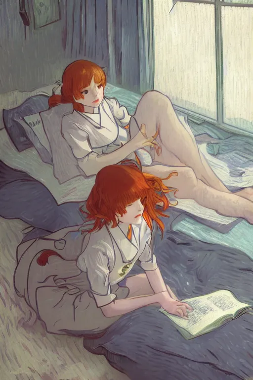 Image similar to a girl in a jk uniform outfit in the bedroom reading a book in a night, raining outside the window, grey and orange theme ， wavy white long hair, by krenz cushart and mucha and akihito yoshida and greg rutkowski and vincent van gogh and monet, detailed eyes, 4 k resolution