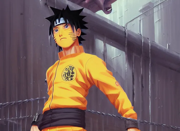 Image similar to highly detailed portrait of naruto uzumaki with black hair behind bars in prison punching a wall, unreal engine, fantasy art by greg rutkowski, loish, rhads, ferdinand knab, makoto shinkai and lois van baarle, ilya kuvshinov, rossdraws, tom bagshaw, global illumination, radiant light, detailed and intricate environment