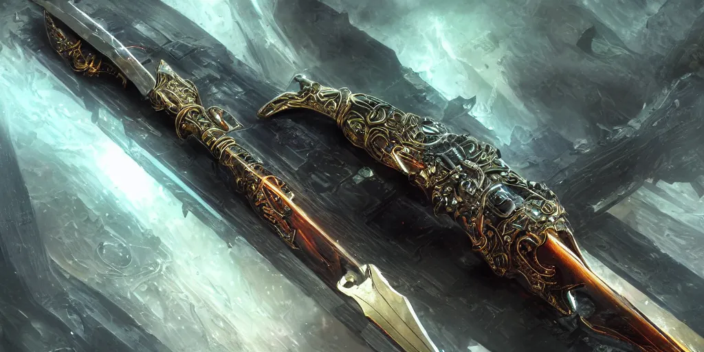 Image similar to legendary cybernetic full long sharp sword lying flat on a glowing table with a black and iridescent sword blade, digital award winning hd matte painting, intimate dark moody, intricate, ornate spikes, colorful gems on hilt, detailed realistic raytraced blade, future golden technological pommel, in the style of greg rutkowski and krenz cushart, deviantart