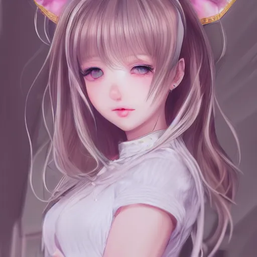 Image similar to realistic beautiful gorgeous natural cute Blackpink Lalisa Manoban white hair cute white cat ears in maid dress outfit golden eyes artwork drawn full HD 4K highest quality in artstyle by professional artists WLOP, Taejune Kim, Guweiz, ArtGerm on Artstation Pixiv