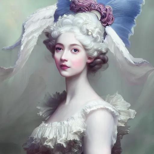 Image similar to A masterpiece portrait of a royal princess baroque rococo girl with tall white amazing victorian wig with angel wings. trending on artstation, digital art, by Stanley Artgerm Lau, WLOP, Rossdraws, James Jean, Andrei Riabovitchev, Marc Simonetti, Yoshitaka Amano