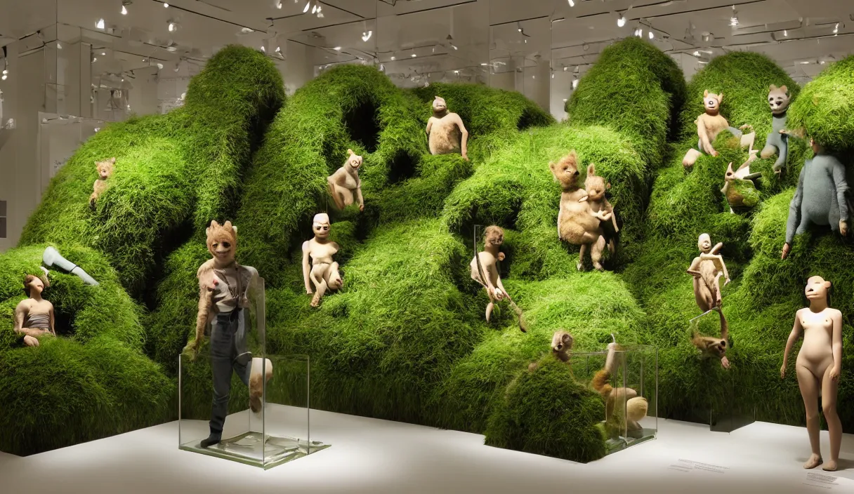 Prompt: diorama windowstore vitrine simulating a habitat with grass and plants, at the american museum of natural history, new york, of very realistic dissected fat strange teletubbies as furry animals, photography portrait aesthetic by guy bourdin, museum artifact