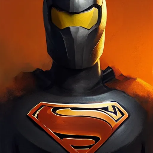 Image similar to portrait of a superhero by greg rutkowski, he looks like miles teller, he is wearing a black, orange and yellow kevlar gear, highly detailed portrait, digital painting, artstation, concept art, smooth, sharp foccus ilustration, artstation hq