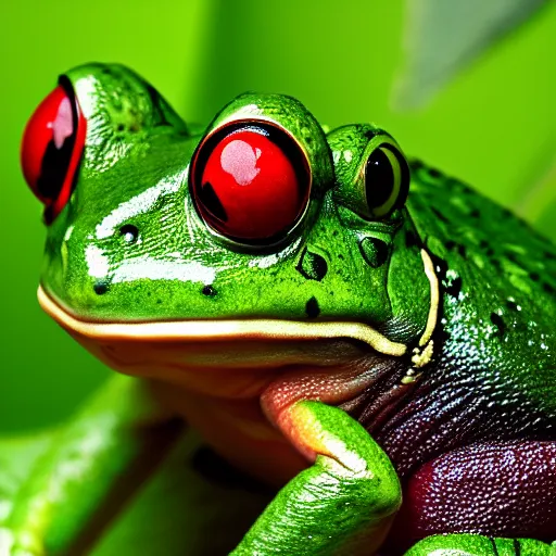 Prompt: green frog dressed in red sneakers, tropical forest, photorealistic