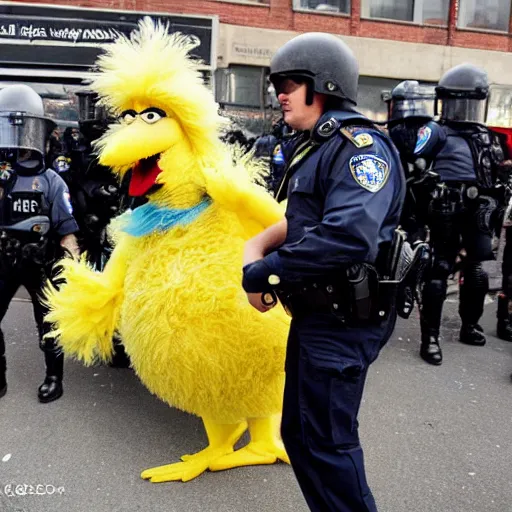 Prompt: a photo of big bird from Sesame Street being arrested at a riot