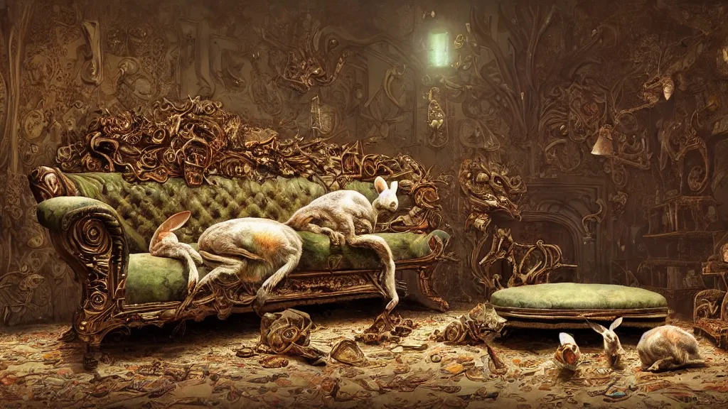 Image similar to a dead rabbit sitting on an ornate victorian couch made out of decomposing animals, intricate, detailed, volumetric lighting, sharp focus, photorealism, digital painting, highly detailed, concept art, by roger dean and simon stalenhag and mark brooks