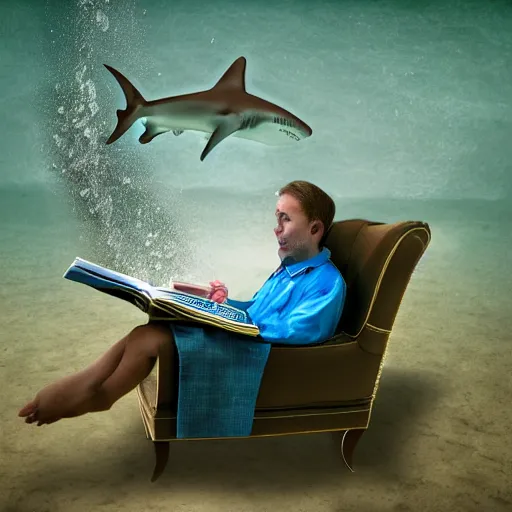 Image similar to a shark sitting in a chair reading a book underwater realistic hdr 8 k 3 5 mm