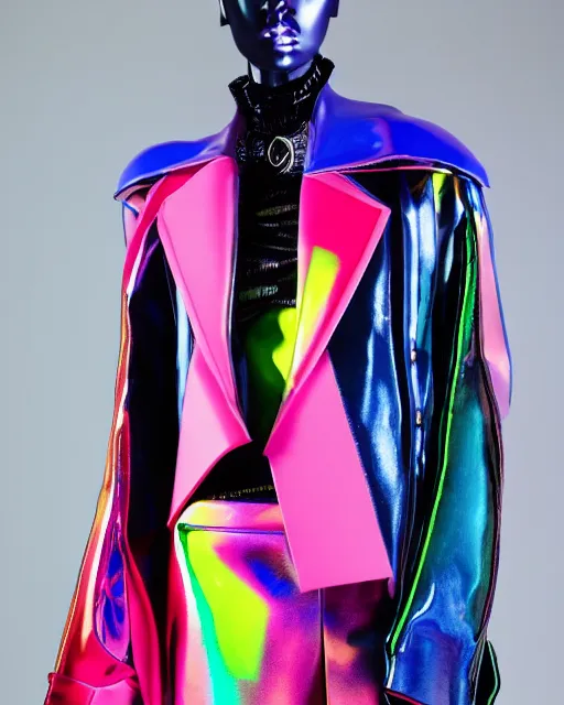 Image similar to an award winning fashion photograph of Balenciaga's techno jacket by Catherine Opie and Demna Gvasalia, cyberpunk, futuristic, Bladerunner 2049, dazzle camouflage!, chromatic, pearlescent, prismatic, dayglo pink, dayglo blue