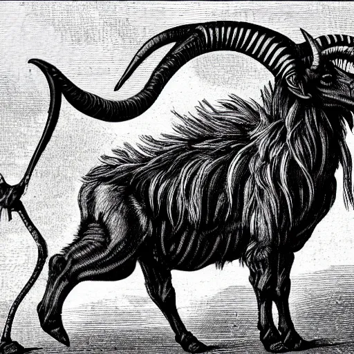 Prompt: snarling, savage goat creature with long teeth and massive ram's horns and human hands in stead of hooves