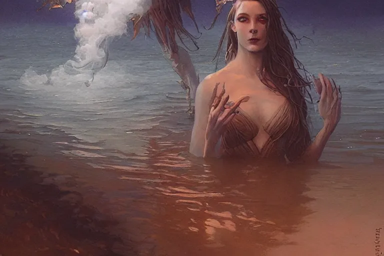 Image similar to smoke on the water, extremely detailed painting by gerald brom and and greg rutkowski