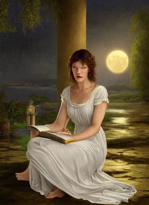 Prompt: milla jovovich in white nightgown reading a book by a river, full moon in a dark starry sky, golden orbs and fireflies, illustration, dramatic lighting, soft details, painting oil on canvas, art nouveau, octane render, 8 k, by edmund blair leighton, brom, charlie bowater, trending on artstation