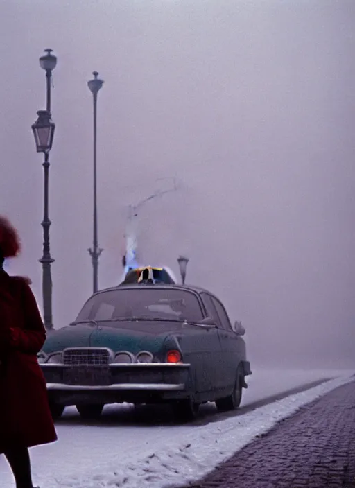 Prompt: emma getting out of taxi in winter, faded color film, russian cinema, tarkovsky, kodachrome, heavy fog, 4 k, dramatic lighting, greg rutkowski