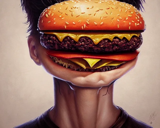 Prompt: a monster with a hamburger head, made of burgers and french fries, 5 7 9, detailed mouth, detailed eyes, surrealist oil painting, highly detailed, dramatic lighting, hyperrealistic, smooth, artstation, cgsociety, by artgerm, by wlop