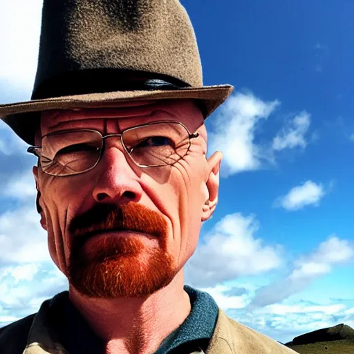 Image similar to walter white taking a selfie on rapa nui