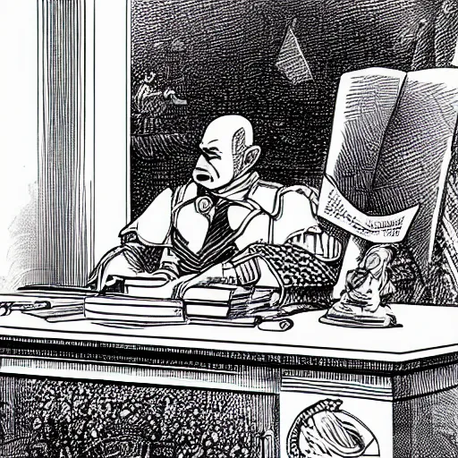 Prompt: president griffith from berserk at his white house oval office desk