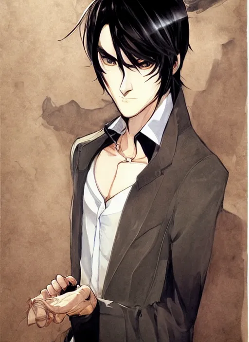 Image similar to portrait illustration by shigenori soejima, handsome male vampire, focus on face, pretty, cinematic lighting, painterly, long black hair, dark blue shirt and light brown trenchcoat