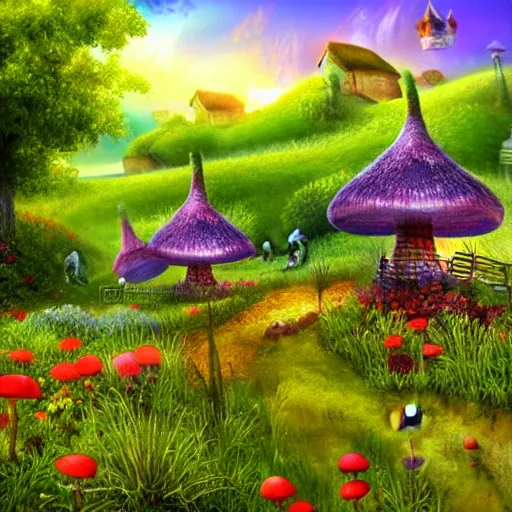 Prompt: Realistic digital art of fantasy mushroom cottage village on a colorful meadow