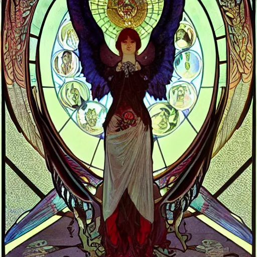 Image similar to seraphim with 6 wings covered in eyes, trending on artstation, by alphonse mucha