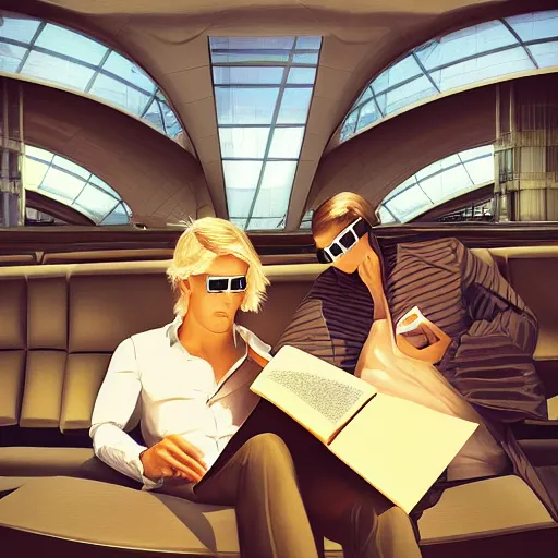 Image similar to “a gorgeous futuristic painting of a tall blond man and a dark haired man, sitting in a busy airport, reading books. They’re wearing monocles. an airplane is taking off in the background. Trending on artstation, rendered in 8k with unreal engine”