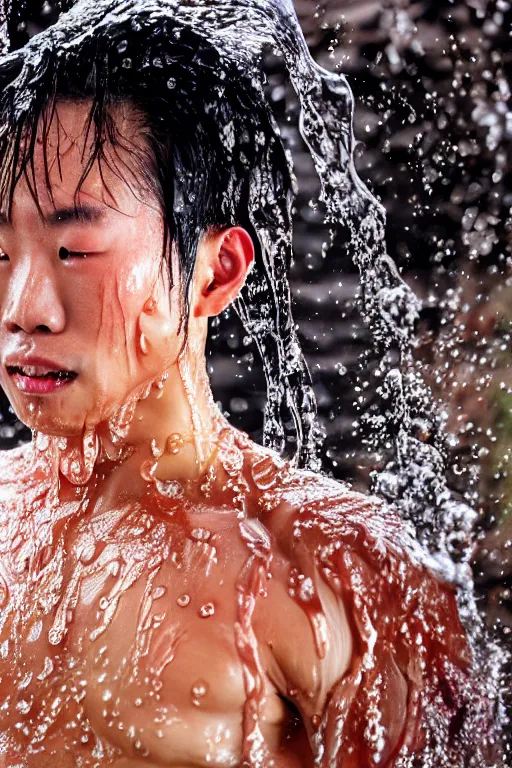 Image similar to a film still of japanese wearing kimono batik, close up face detail, muscular, wet body, model photography, wet dripping hair, emerging from the water