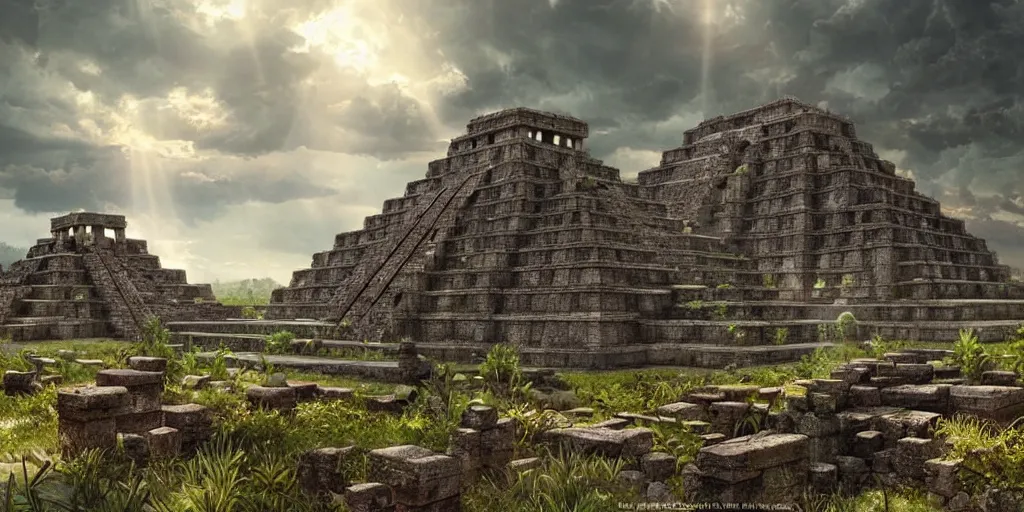 Image similar to beautiful ancient aztec temple overrun by nature, gorgeous clouds, god rays, digital art, landscape, fantasy art, octane render, ureal engine, high detail, very realistic, by greg rutkowski. by james gurney