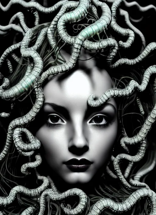 Image similar to surreal mythical dreamy dark artistic black and white fine art photo of a beautiful young female medusa - mermaid - cyborg covered with translucent algae, highly detailed, intricate crystal ivy jelly fish scales ornate, lace web, poetic, octane render, 8 k, photo - realistic, by man ray