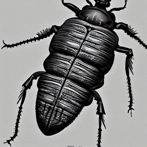 Prompt: creepy boring beetle with large mandibles by h. r. giger