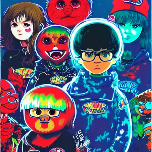 Image similar to holographic sticker of elmo in a gang by ilya kuvshinov katsuhiro otomo