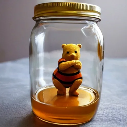 Prompt: a tiny winnie the pooh head = a jar of honey, surreal, realism